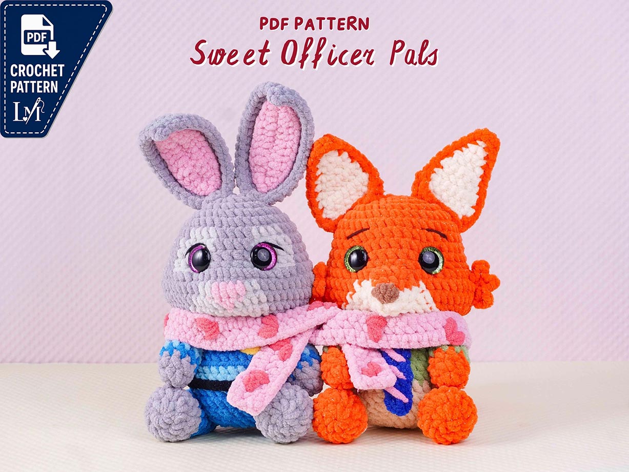 Sweet Officer Pals Crochet Patterns Bundle, Officer Bunny Pattern, Officer Fox Pattern, Scarf Pattern, Cartoon Character Crochet Set